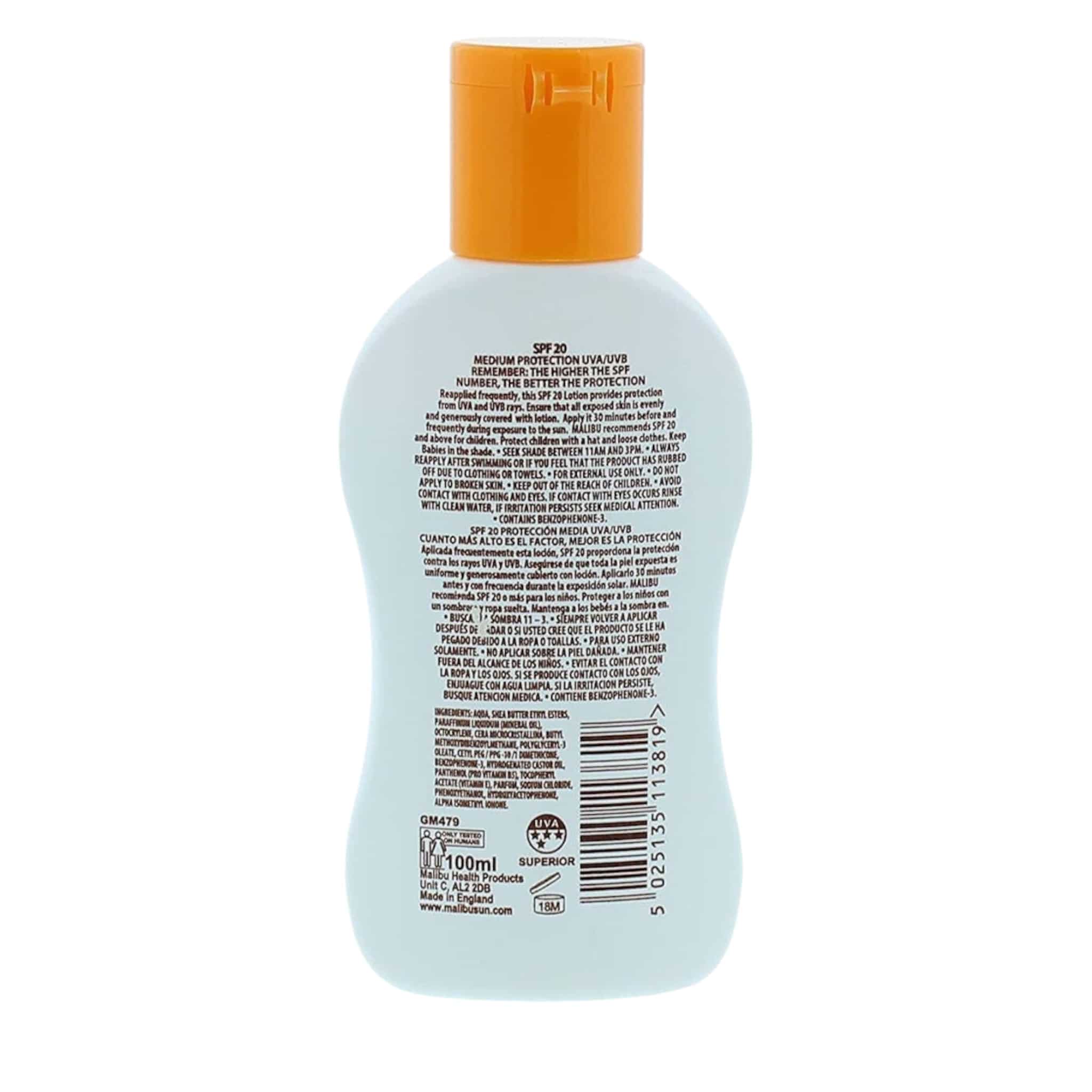 Malibu Lotion Protection Αντηλιακή Αδιάβροχη Λοσιόν για το Σώμα με SPF20 100ml 2